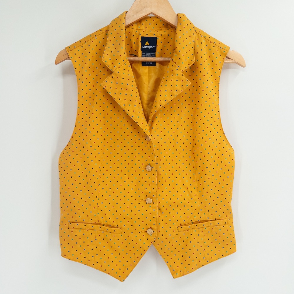 Vintage 90s Lizsport Vest Women 10 Yellow Polka Dot Preppy Twee Art Teacher Fun